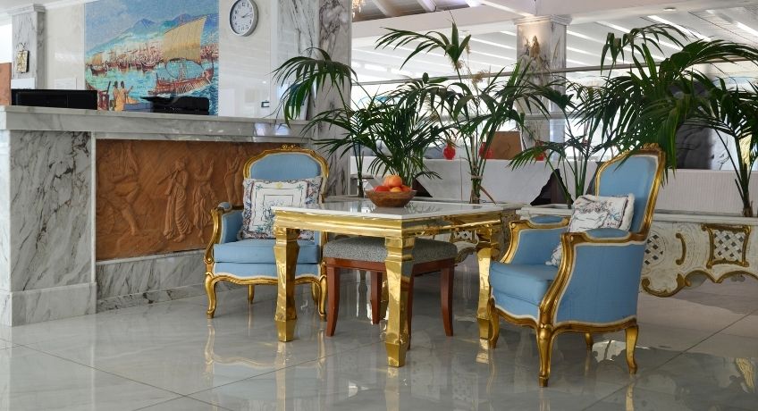 Inside shot of the lobby at the Cavomarina Beach Hotel, Cavomarina Beach, Corfu