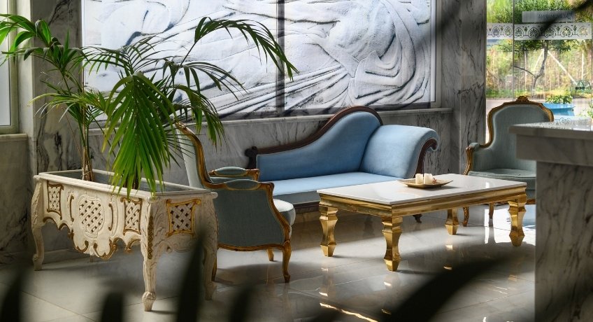 Inside shot of the lobby at the Cavomarina Beach Hotel, Cavomarina Beach, Corfu