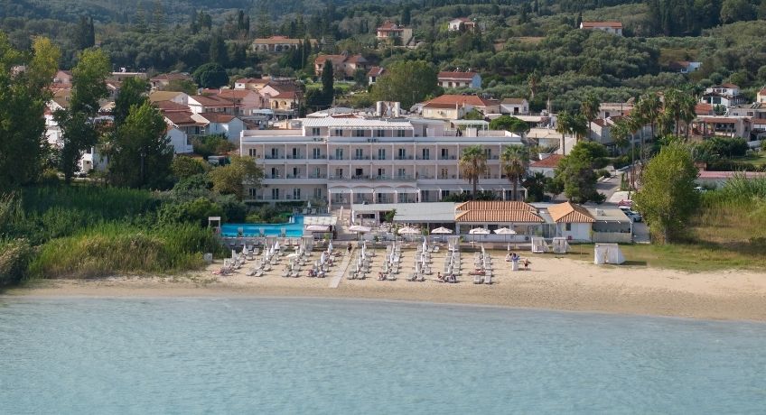 Aerial view of the Cavomarina Beach Hotel, Cavomarina Beach, Corfu