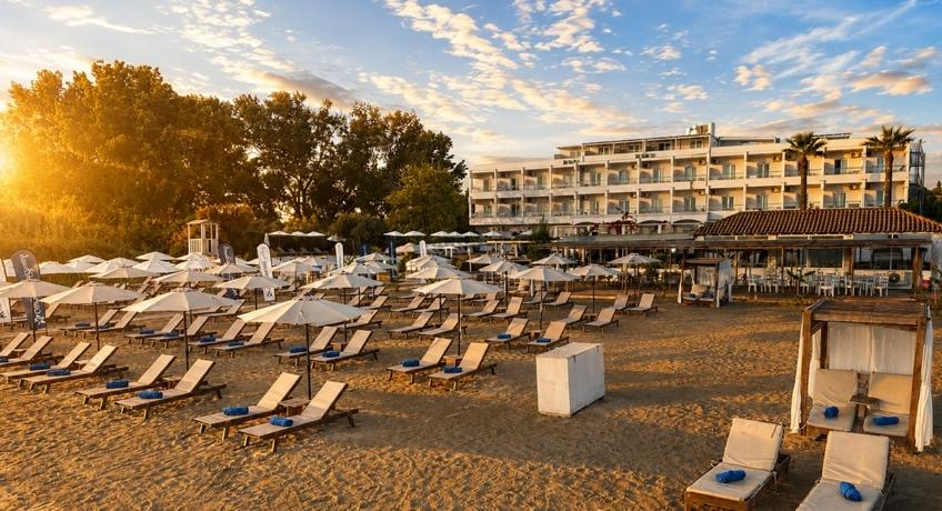 Beach view of the exterior of the Cavomarina Beach Hotel, Cavomarina Beach, Corfu