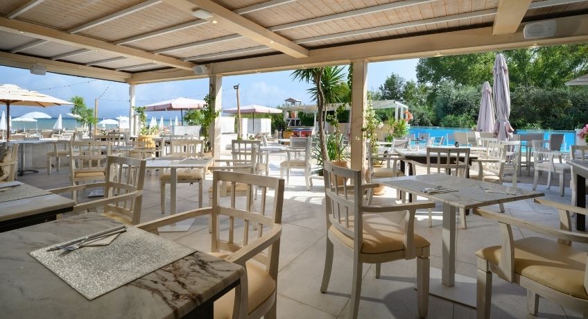 Dining facilities at the Cavomarina Beach Hotel, Cavomarina Beach, Corfu