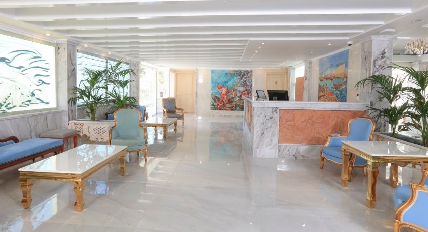 Inside shot of the lobby at the Cavomarina Beach Hotel, Cavomarina Beach, Corfu